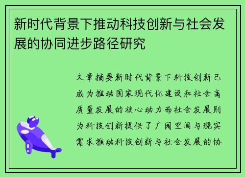 新时代背景下推动科技创新与社会发展的协同进步路径研究